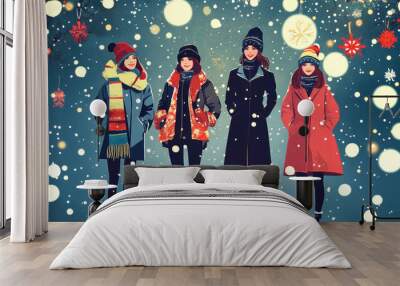 Fashionably dressed friends celebrate Christmas together, surrounded by twinkling lights, snowflakes, and cheerful holiday decorations Wall mural