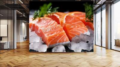 Fresh salmon or trout fish fillet on ice, ready for cooking. Storing fresh chilled fish. Close-up. Wall mural