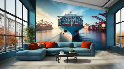 Global business logistics import-export cargo. Cargo ship with sea containers on board in the port. Transportation of goods across the ocean. A powerful cargo ship enters the port for unloading. Wall mural