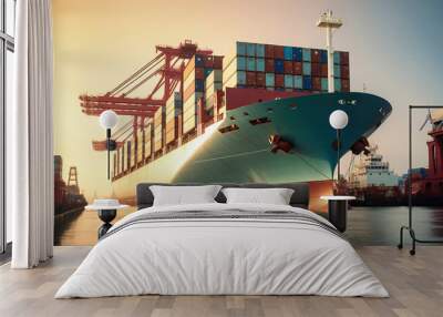 Global business logistics import-export cargo. Cargo ship with sea containers on board in the port. Transportation of goods across the ocean. Sea container ship is escorted by tugs to the port. Wall mural