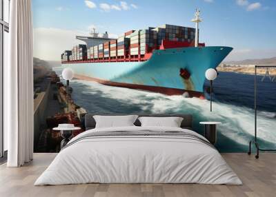 Global business logistics of import-export cargo. Cargo ship with sea containers on board in the port. Transportation of goods across the ocean. Ship with containers in the ocean. Wall mural