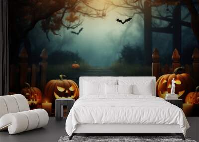 Halloween pumpkins near a tree in a cemetery with a scary house. Halloween background at night forest with moon and bats. Wall mural