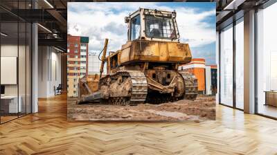 Heavy-duty bulldozer working on a construction site for excavation, showcasing advanced machinery and urban development efforts Wall mural