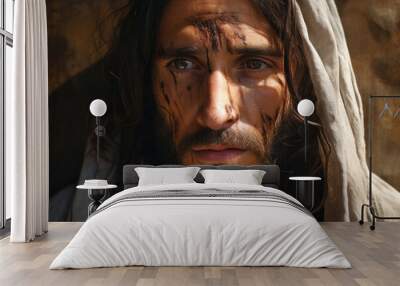 Jesus, savior, healer, wearing a crown of thorns, bloody and beaten, Easter Sunday Morning. Wall mural