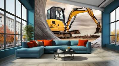 Mini excavator at the construction site on the edge of a pit against a cloudy blue sky. Compact construction equipment for earthworks. An indispensable assistant for earthworks. Wall mural