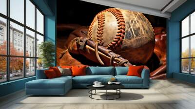 Photo of a baseball resting on a baseball glove Wall mural