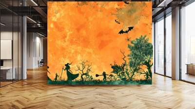 Silhouettes of witches, wizards, and a scarecrow create a spooky atmosphere against an orange background, adorned with creepy trees and playful designs Wall mural