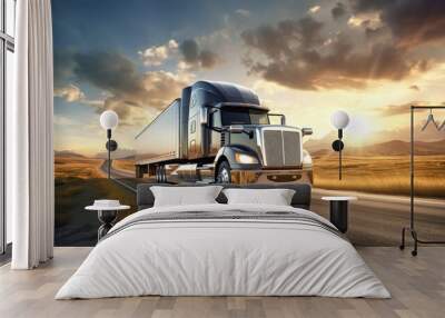 Stunning image of a semi-trailer driving down the highway during sunset. This painting captures the beauty of the golden hour and the feeling of movement on the road. Road transportation concept. Wall mural