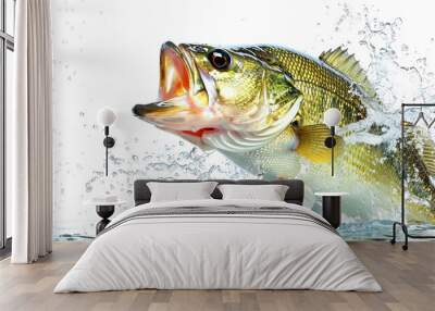 The bass fish bursts from the water, mouth open wide, sending droplets sparkling in every direction under bright light Wall mural