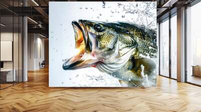 The powerful bass bursts from the water, showcasing its fierce mouth and dynamic splashes in a breathtaking moment of nature's raw beauty Wall mural