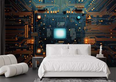 The printed circuit board of a modern computer. Motherboard for electronic systems and equipment. Wall mural