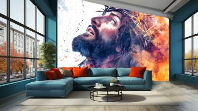 This striking artwork showcases Jesus adorned with a crown of thorns, enveloped in fierce flames, radiating a powerful spiritual presence Wall mural