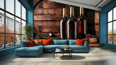 Two Bottles of Wine and Grapes on Table Wall mural