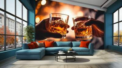 Two hands clink glasses of whiskey wiskey on the couch, cozy. Bar drinking menu. Wall mural