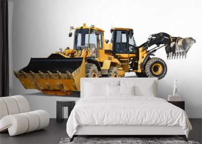 Two heavy front loaders or bulldozers on a white isolated background. Construction equipment and transport. Transportation and movement of bulk materials. Excavation. Element for design. Wall mural