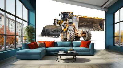 Two heavy wheeled front loaders or bulldozers on a white isolated background. Construction equipment and transport. Rental of construction equipment. Close-up. excavation. element for design. Wall mural