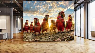 Two vibrant parrots of different hues standing side by side Wall mural