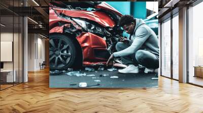 Young black man driver in car accident and holding his head near broken car on the road after a car accident. Car accident on the street, damaged cars after collision. Violation of traffic rules. Wall mural