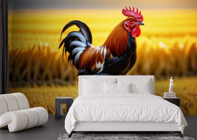 A rooster walking in a field of yellow rice Wall mural