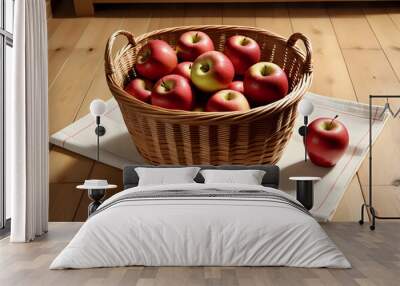 Close-up of apples placed in a woven basket on a wooden backgrou Wall mural