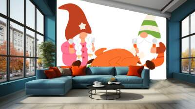 two of cute gnome ready for turkey dinner illustration Wall mural