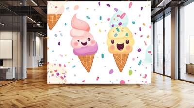 seamless pattern, Kawaii ice cream parlor with smiling cones and scoops Wall mural