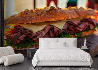 provolone recipe roast beef sandwich at the table on a beach Wall mural