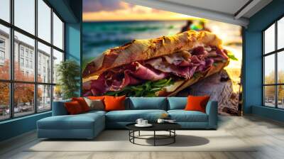 provolone recipe roast beef sandwich at the table on a beach Wall mural