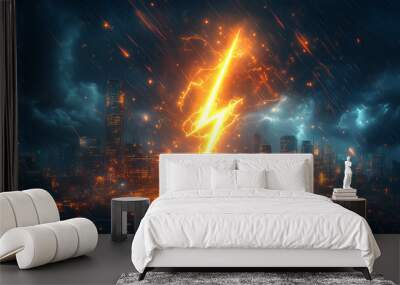 A massive electric lightning bolt strikes a futuristic city during a storm with glowing, electrifying energy Wall mural