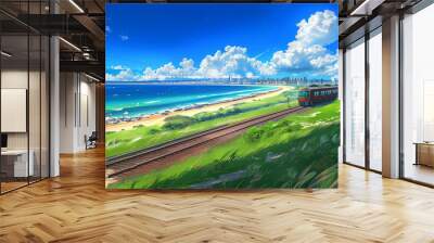 A scenic train journey along the coastline, with bright blue skies, lush grass, and a distant city skyline under fluffy clouds Wall mural