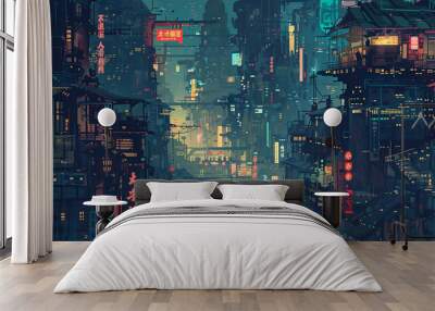 Vibrant cyberpunk cityscape at night with neon lights and futuristic architecture, depicting an urban jungle of illuminated signs and buildings Wall mural