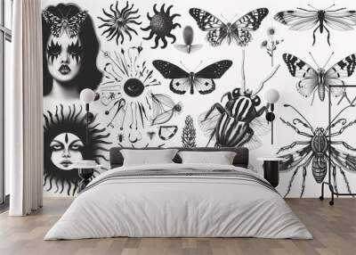 A monochrome collection of various insects and fantasy elements, including butterflies, beetles, and whimsical faces with floral and celestial motifs, ideal for creative backgrounds or tattoo designs. Wall mural