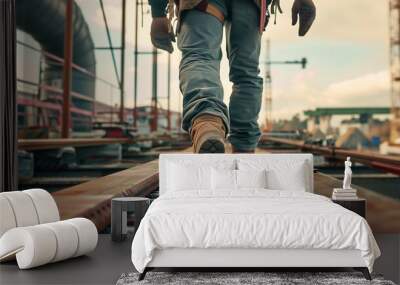 Close-up of a construction worker's feet walking on steel beams at a construction site, highlighting safety boots and industrial environment. Wall mural