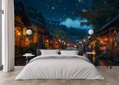 Enchanting night view of a traditional Japanese street with lanterns illuminating the path, wooden facades, and a starry sky above, creating a serene and mystical atmosphere. Wall mural