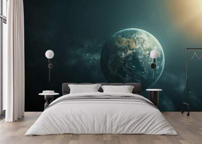 Stunning view of Earth from space with sunbeam, depicting our planet's beauty against the backdrop of the cosmos. Wall mural