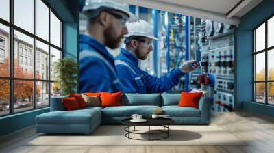 Two engineers in hard hats and safety glasses inspecting and operating machinery in an industrial plant. Wall mural