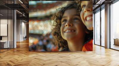 Two joyful children watching a sports event in a stadium, smiling and looking upwards, filled with excitement. Wall mural