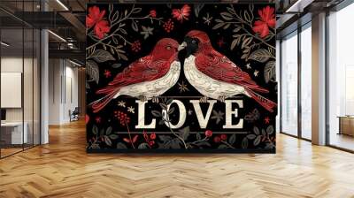 Vibrant digital artwork of two red birds in flight against a dark backdrop with floral elements and the word 'LOVE' in bold letters, symbolizing romance and affection. Wall mural