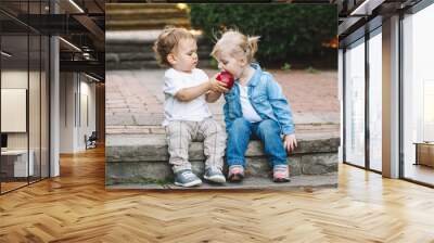 Group portrait of two white Caucasian cute adorable funny children toddlers sitting together sharing eating apple food, love friendship childhood concept, best friends forever Wall mural