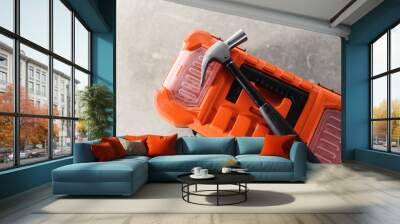 Set of various tools with plastic box kit, drill, gloves and hammer. Construction and renovation concept with copy space Wall mural