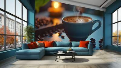 Close-up shot of a steaming cup of aromatic coffee with scattered coffee beans Wall mural