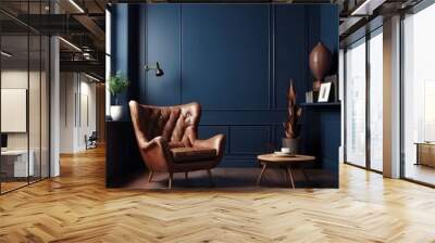 modern interior of living room with leather armchair on wood flooring and dark blue wall Wall mural