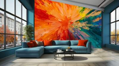 A vibrant explosion of colors in a circular pattern, with each color radiating outwards like a burst of energy. Wall mural