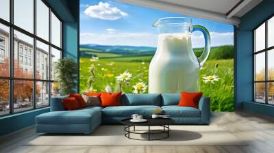 Glass and jug full of milk backdrop in green meadows Wall mural