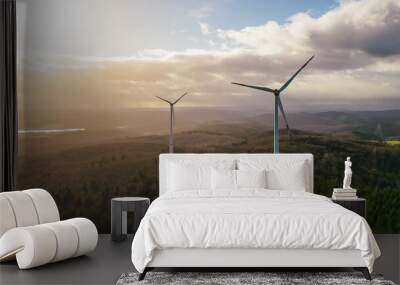 high angle view of wind turbines in the forest in sunlight Wall mural