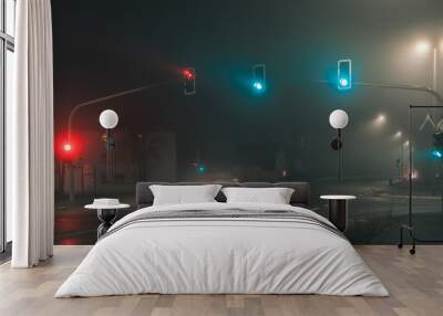 traffic lights in foggy night Wall mural