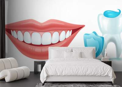 Dental anatomy and physiology. Brightening and whitening of teeth. Types of teeth cross section. Dental clinic and dental health vector illustration. Structure of human tooth alignment. Wall mural