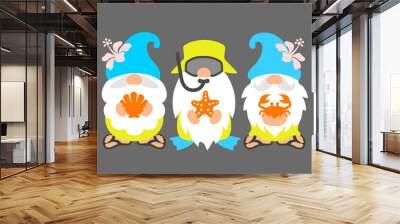 Beach gnomes with flippers, mask, shell, flip flops and crab. Funny summer vector illustration. Cute scandinavian characters. Gnomes are resting at sea. Dwarf family on vacation. Nordic gnomes in cart Wall mural