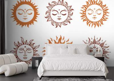 Boho sun sign, vector silhouette design. Sun with face set of celestial elements. Vector monochrome illustration. linear sacred symbols of magic, mysticism and alchemy. Wall mural