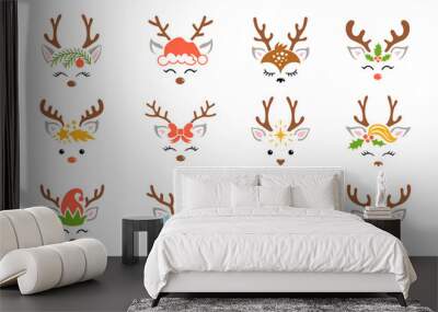 Christmas reindeer set. Kids holiday design with deer faces. Cute cartoon character. Vector decoration elements for celebrating Christmas and New Year. Wall mural